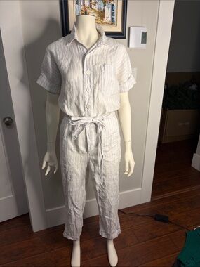 Casual White Striped Linen Jumpsuit with Tie Waist
